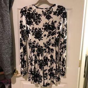 Black and White Floral Romper with Long Sleeves